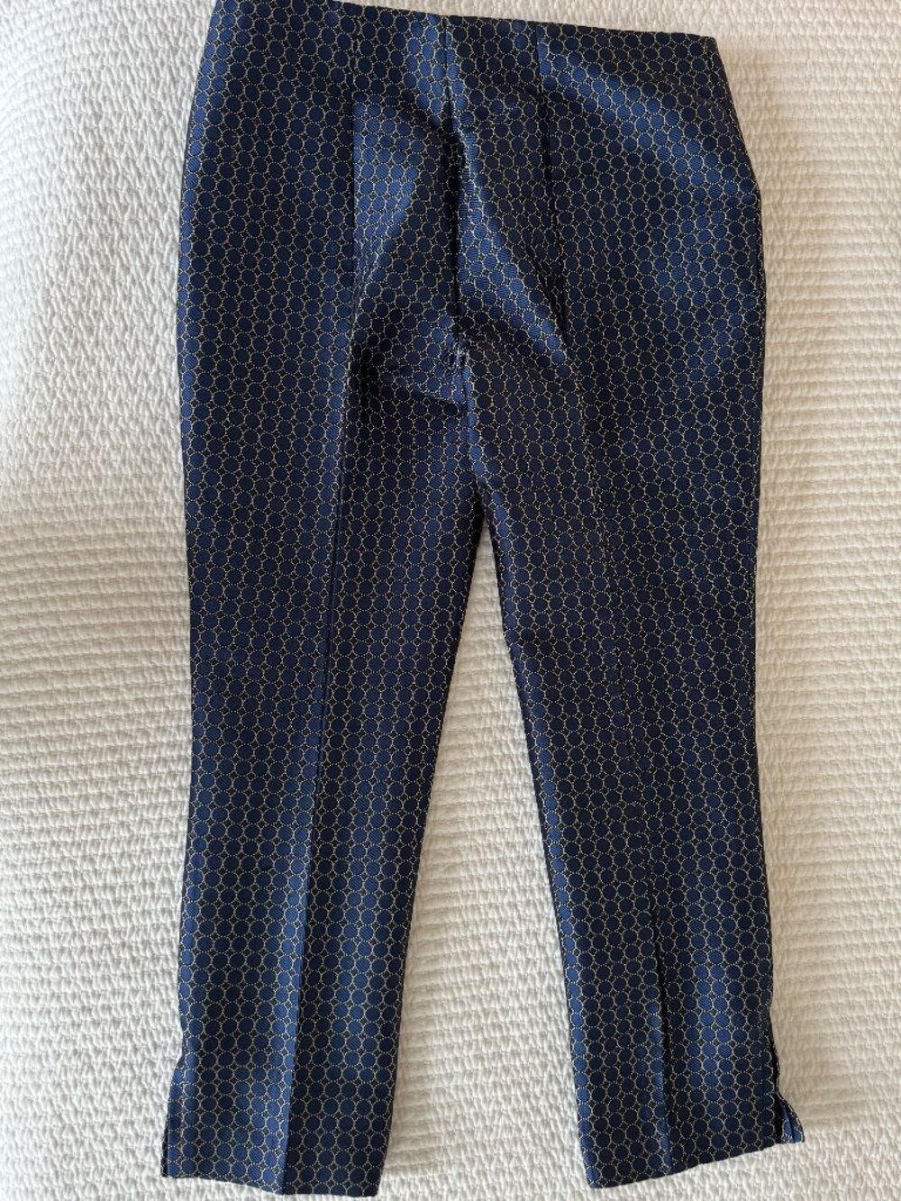 Elie Tahar Navy / Gold Jacquard Slim Ankle Pants, Size 4